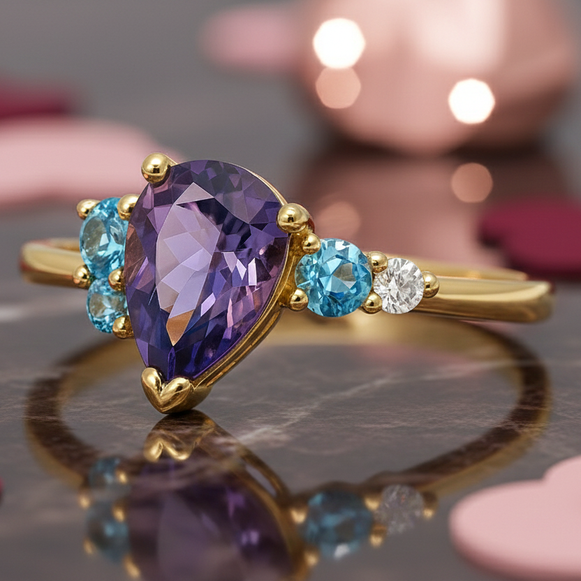 Bague plaqué or  – Zirconiums violet, bleu & blanc