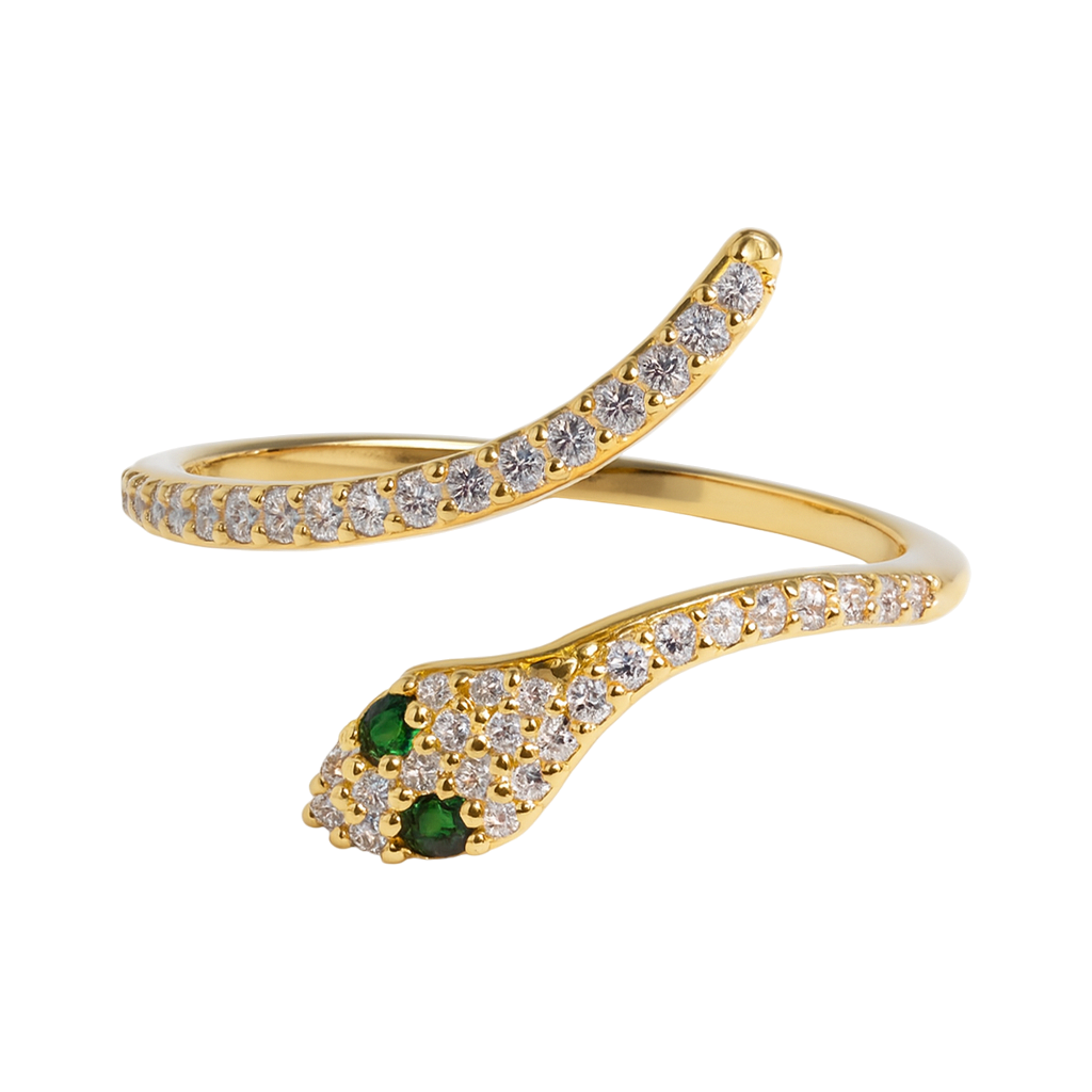 Bague Serpent en Plaqué Or – Zirconium & Yeux Vert Émeraude
