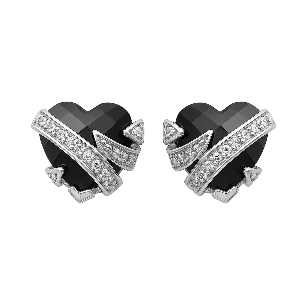 Boucles d’oreilles Cœur Onyx & Argent 925 Rhodié – Zirconiums Étincelants