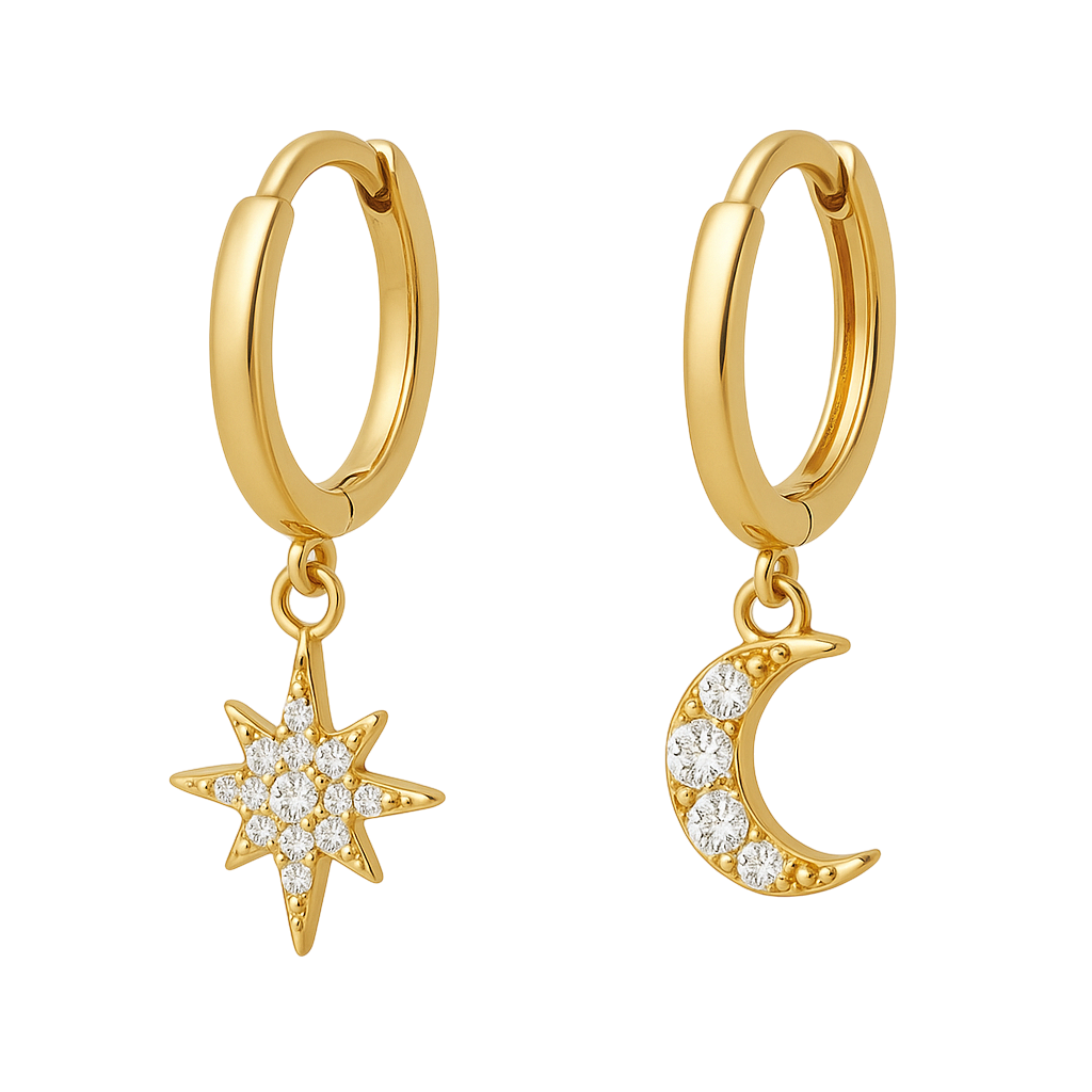 Boucles d’oreilles Soleil & Lune – Plaqué Or & Zirconium | Créoles Asymétriques
