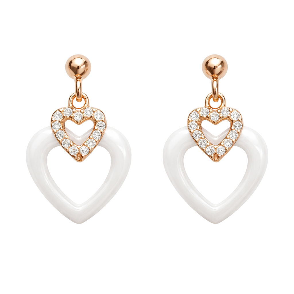Boucles d’oreilles Cœur Céramique & Zirconium – Plaqué Or Rosé