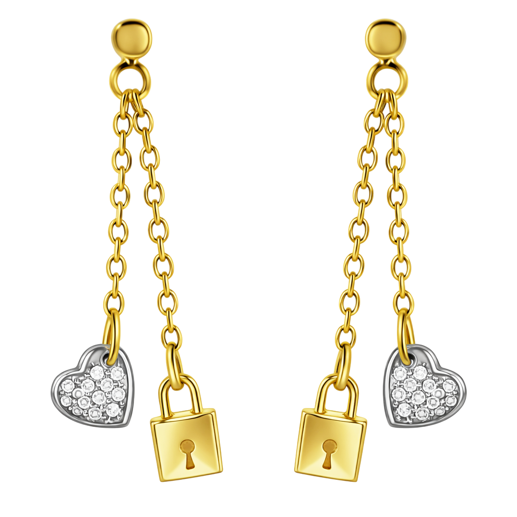 Boucles d’oreilles pendantes Cadenas & Cœur – Plaqué Or 18 Carats