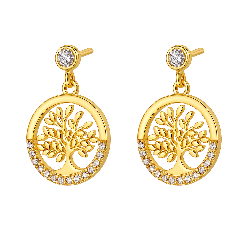 Boucles d’Oreilles Arbre de Vie – Plaqué Or & Zirconium – Bijou Symbolique et Étincelant