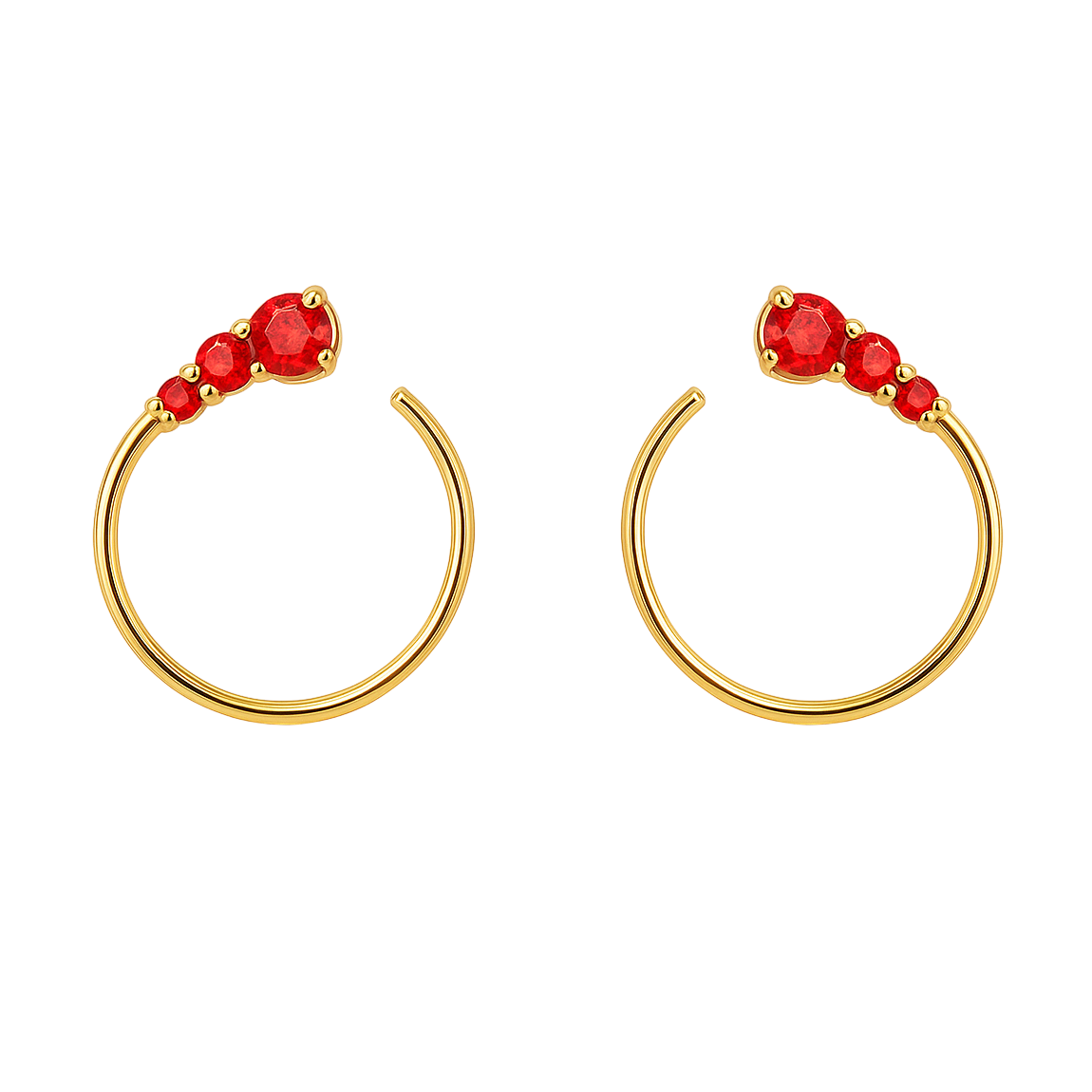 Boucles d’oreilles Créoles Ouvertes – Plaqué Or & Zirconium Rouge | Élégance Intemporelle