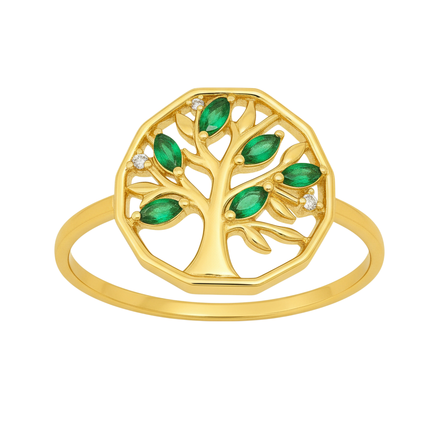 Bague Arbre de Vie – Plaqué Or & Zirconium Blanc et Vert