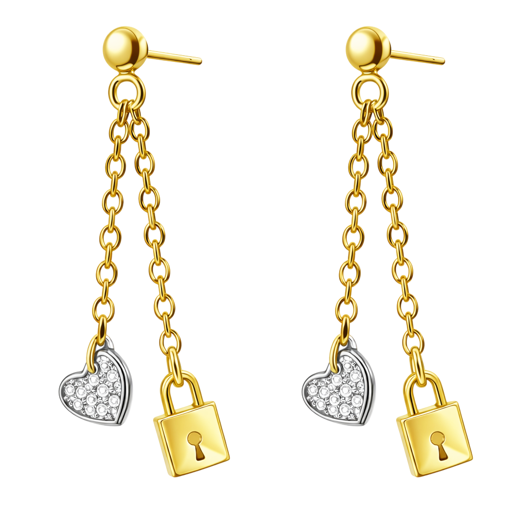 Boucles d’oreilles pendantes Cadenas & Cœur – Plaqué Or 18 Carats