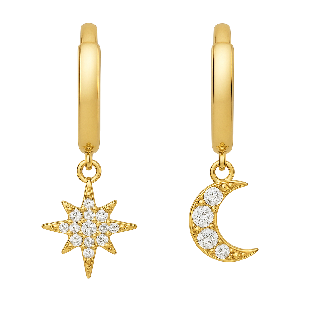 Boucles d’oreilles Soleil & Lune – Plaqué Or & Zirconium | Créoles Asymétriques