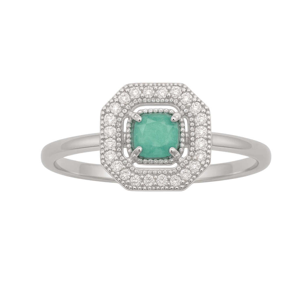 Bague en Argent 925 Rhodié avec Amazonite – Halo de Zirconium | Élégance & Protection