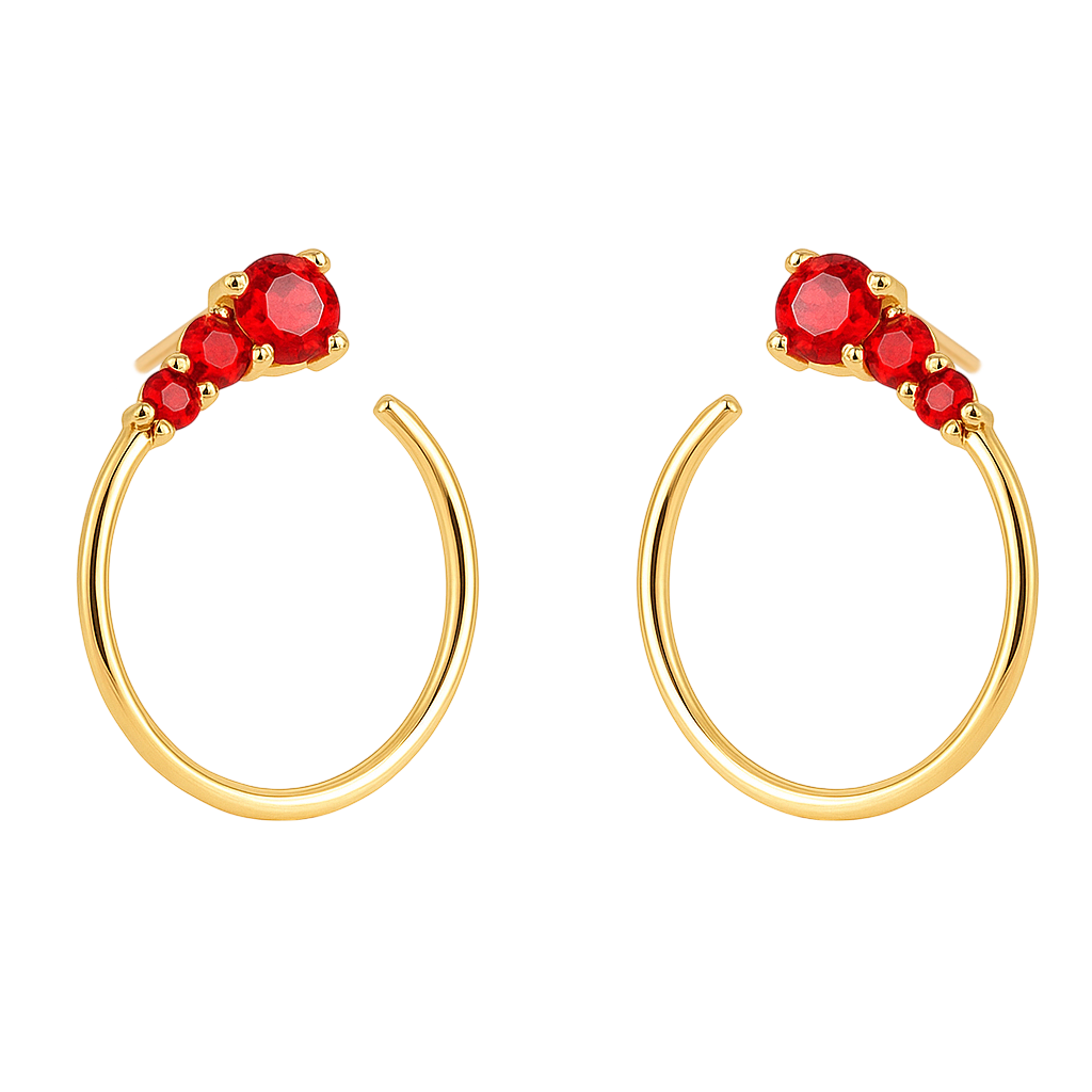 Boucles d’oreilles Créoles Ouvertes – Plaqué Or & Zirconium Rouge | Élégance Intemporelle