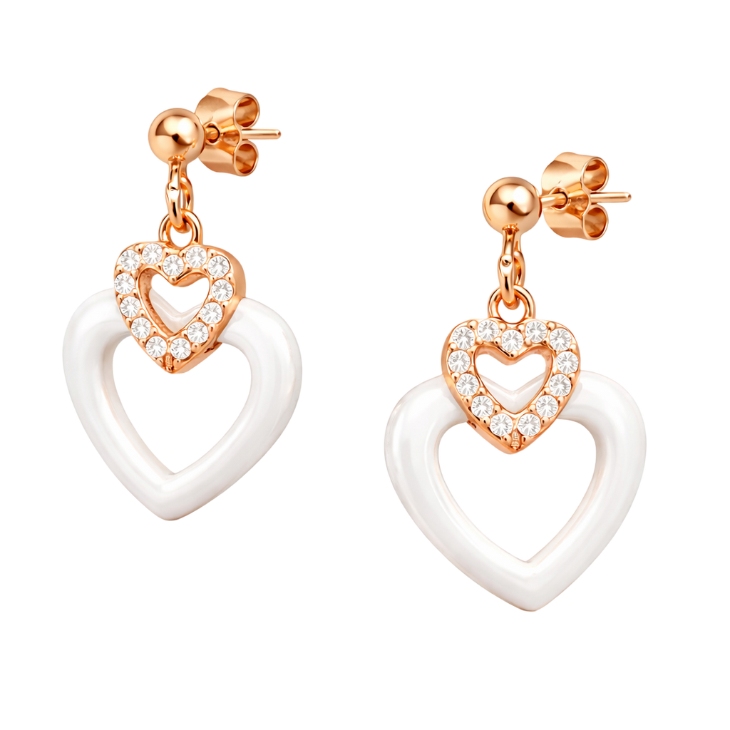 Boucles d’oreilles Cœur Céramique & Zirconium – Plaqué Or Rosé