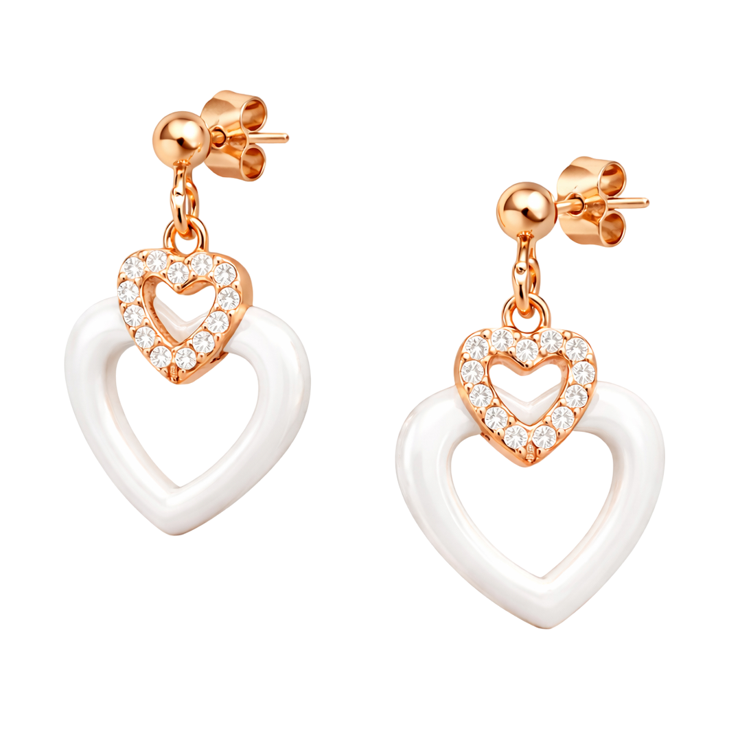 Boucles d’oreilles Cœur Céramique & Zirconium – Plaqué Or Rosé