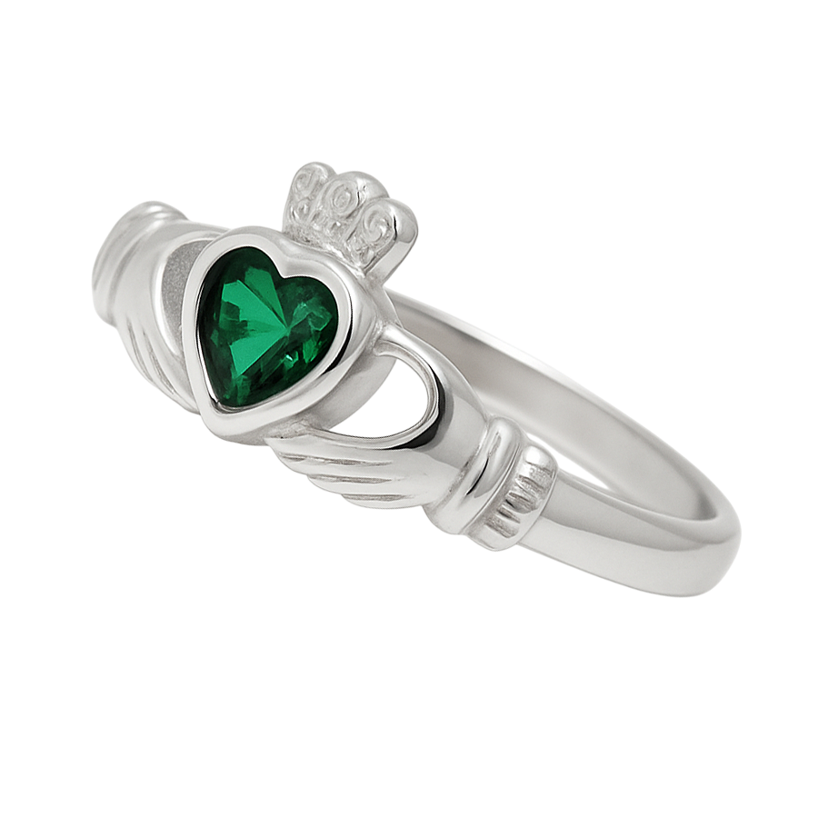 Bague Claddagh en Argent 925 Rhodié & Zirconium Vert