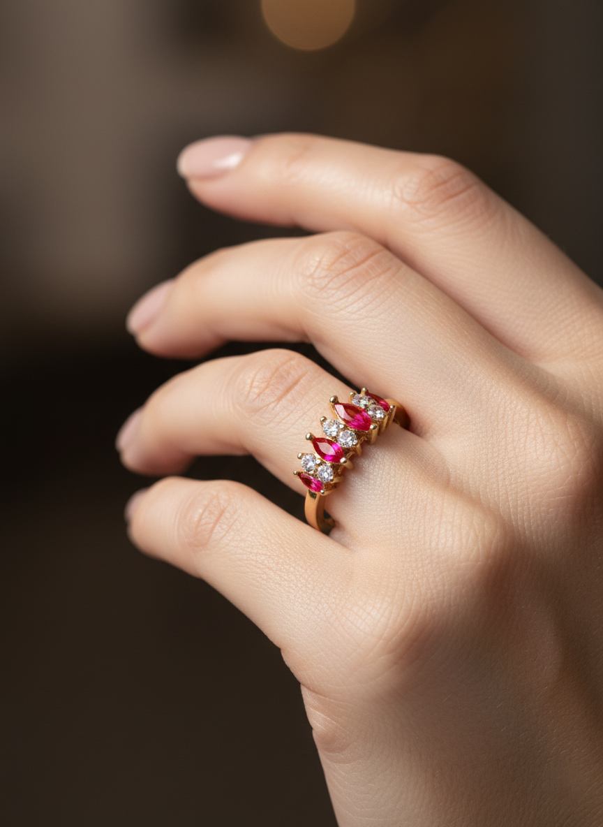 Bague Plaqué Or – Zirconium Blanc & Rose – Design Marquise Élégant