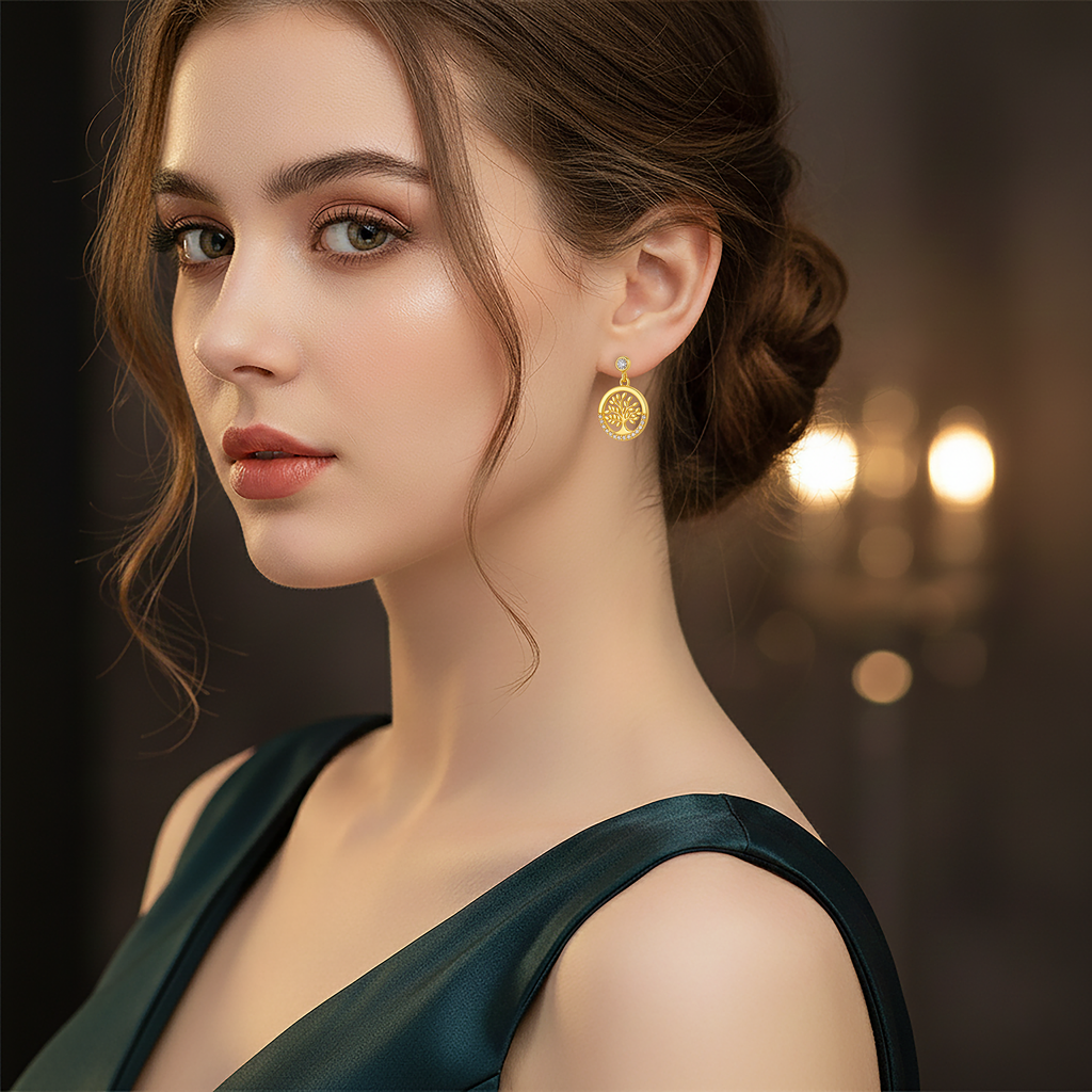 Boucles d’Oreilles Arbre de Vie – Plaqué Or & Zirconium – Bijou Symbolique et Étincelant