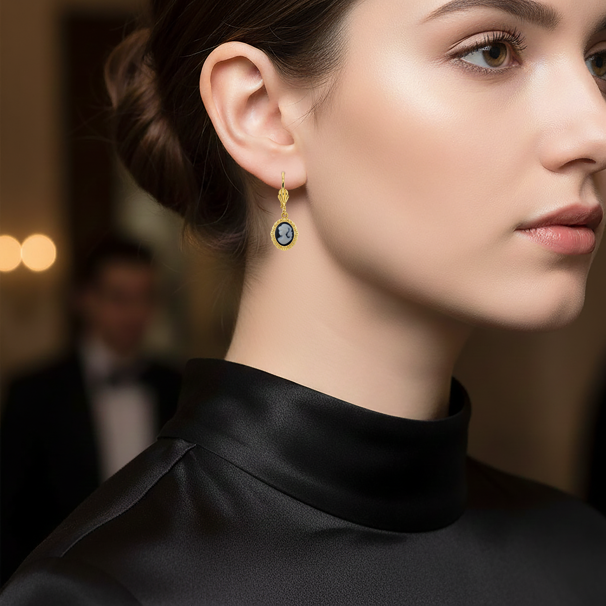 Boucles d’oreilles camée noir vintage – Plaqué or – Dormeuses élégantes