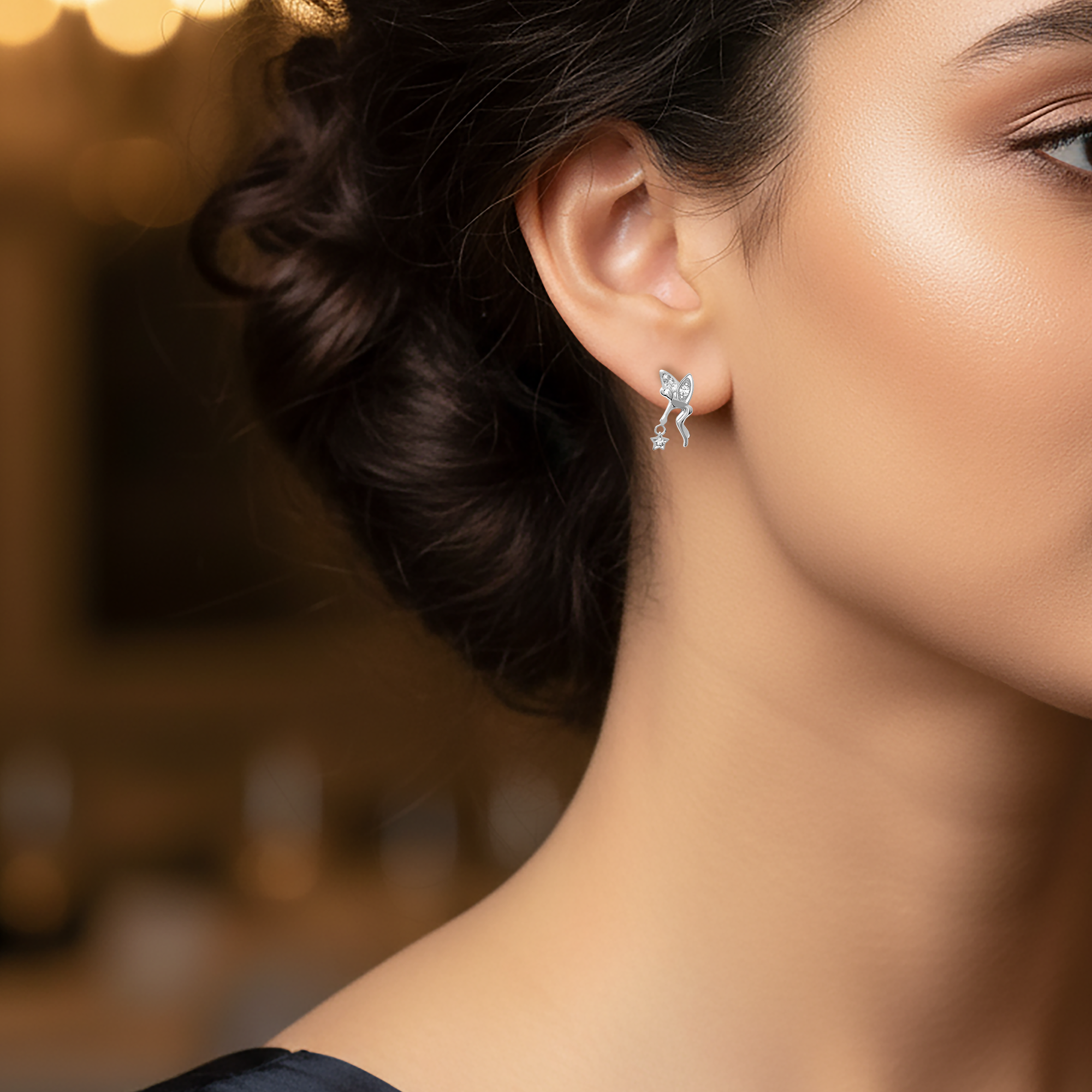 Boucles d’oreilles Fée & Étoile – Argent Rhodié & Zirconium Blanc | Brillance Féérique