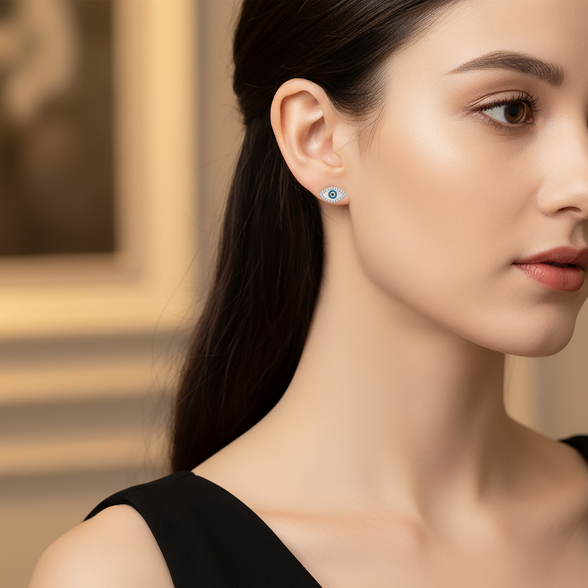 Boucles d’Oreilles Œil Protecteur en Argent Rhodié & Zirconium Blanc