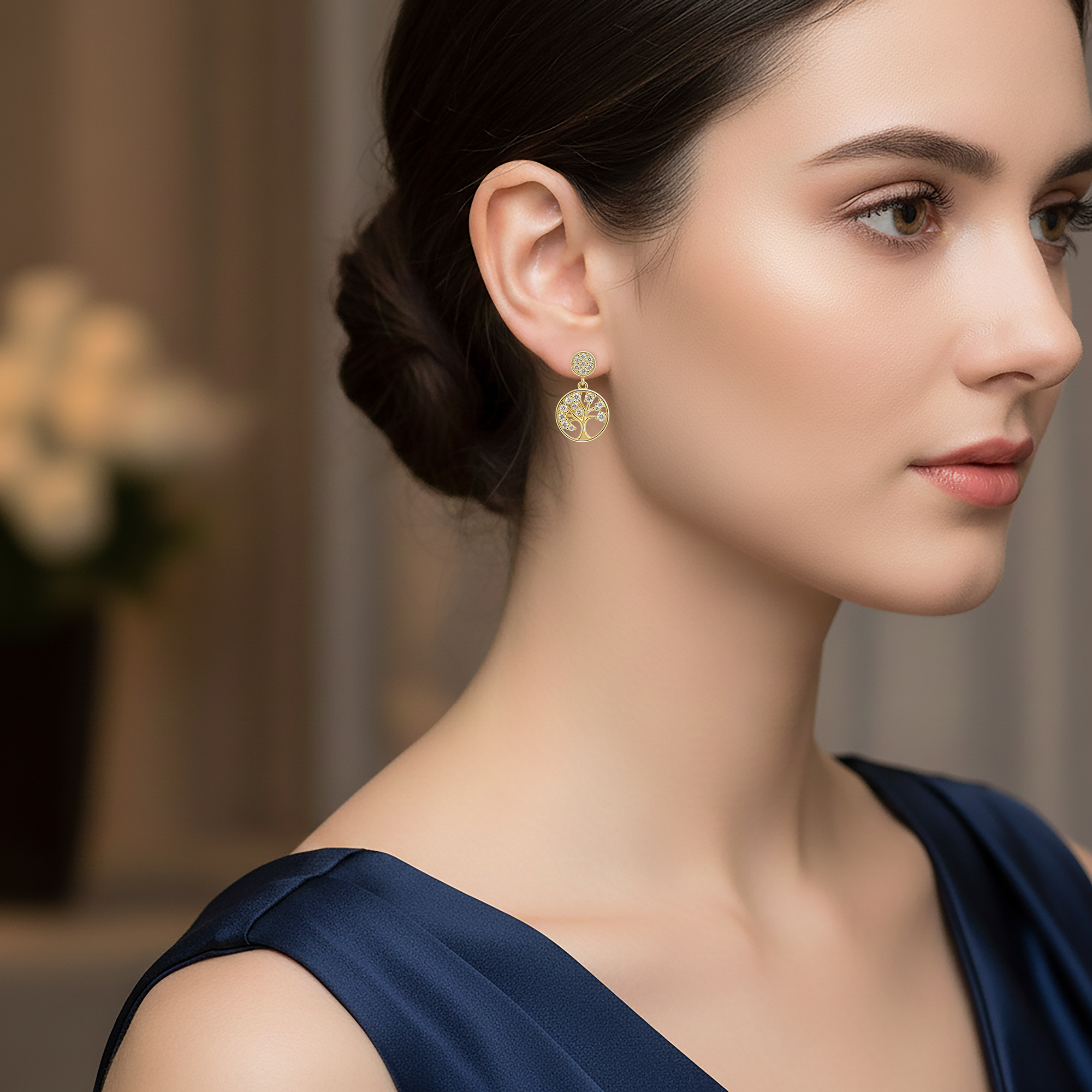 Boucles d’oreilles Arbre de Vie – Plaqué Or  & Zirconium – Élégance Symbolique