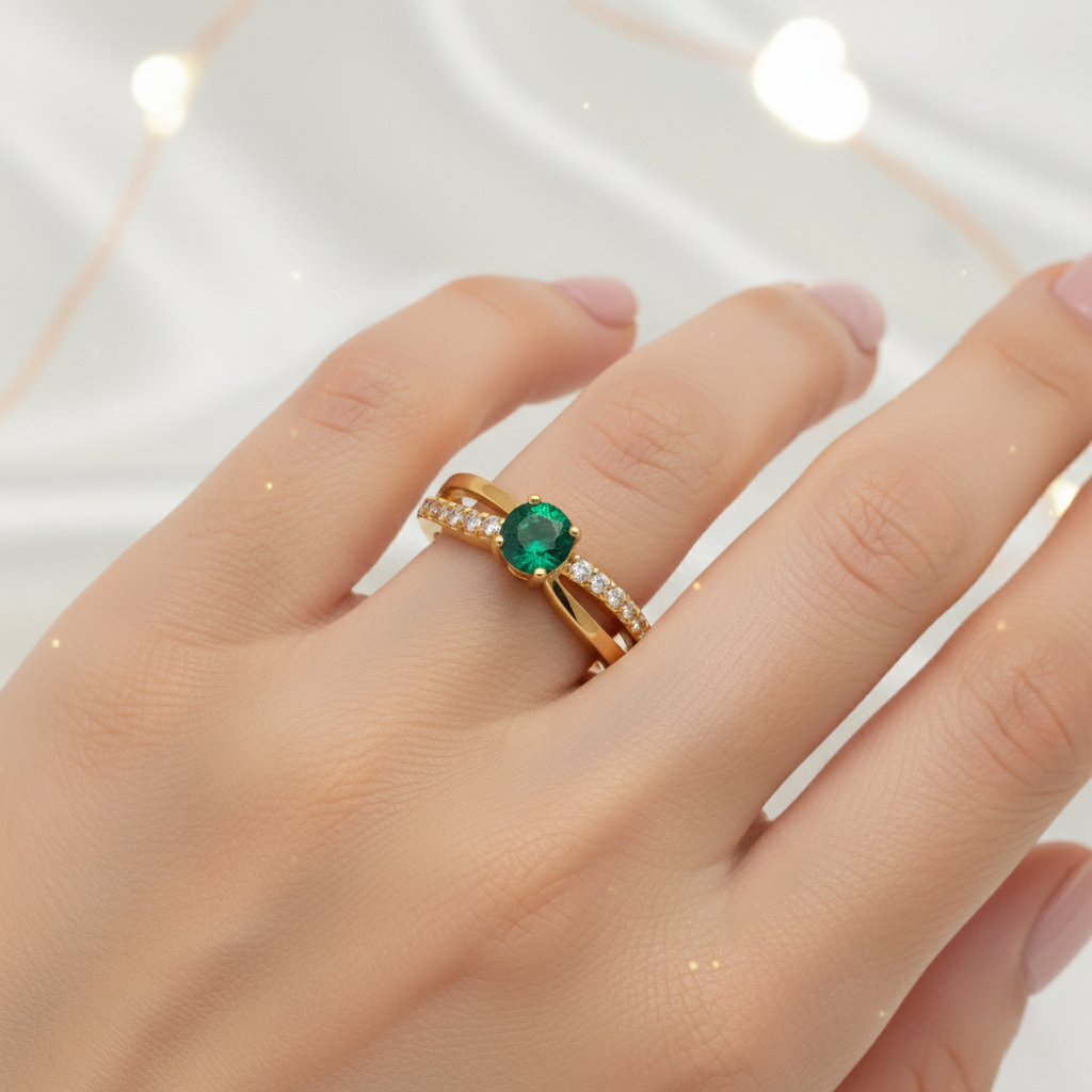 Bague Femme Plaqué Or – Zirconium vert Étincelant – Finition Luxe