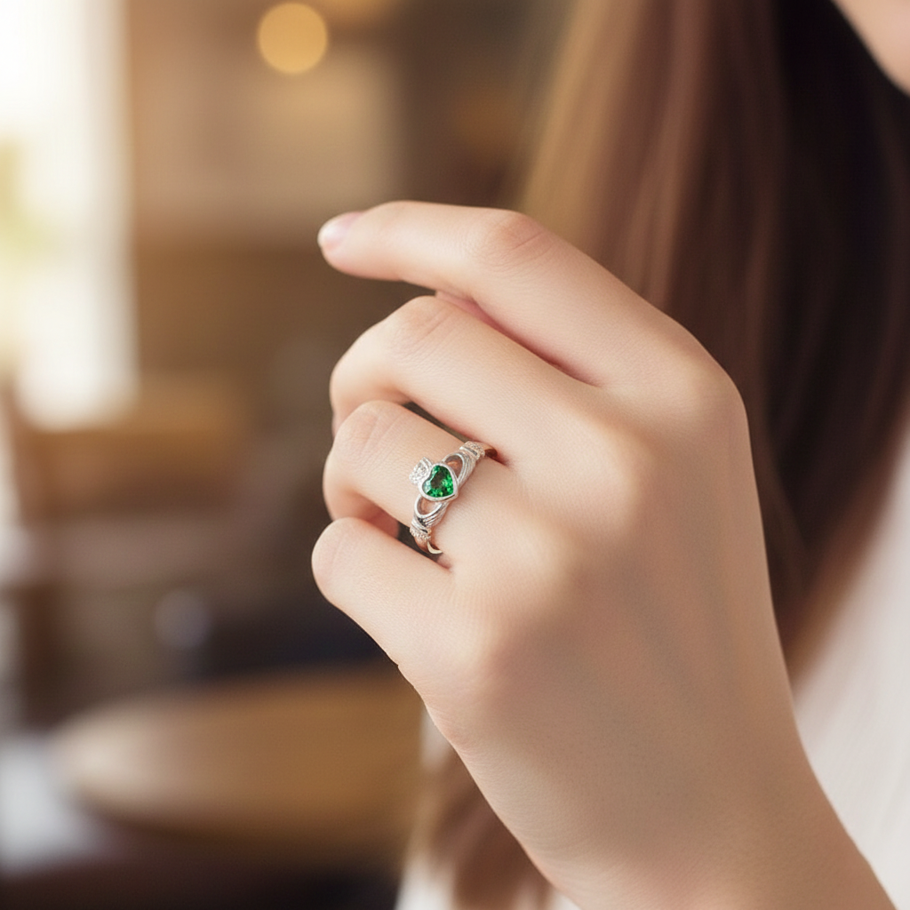 Bague Claddagh en Argent 925 Rhodié & Zirconium Vert
