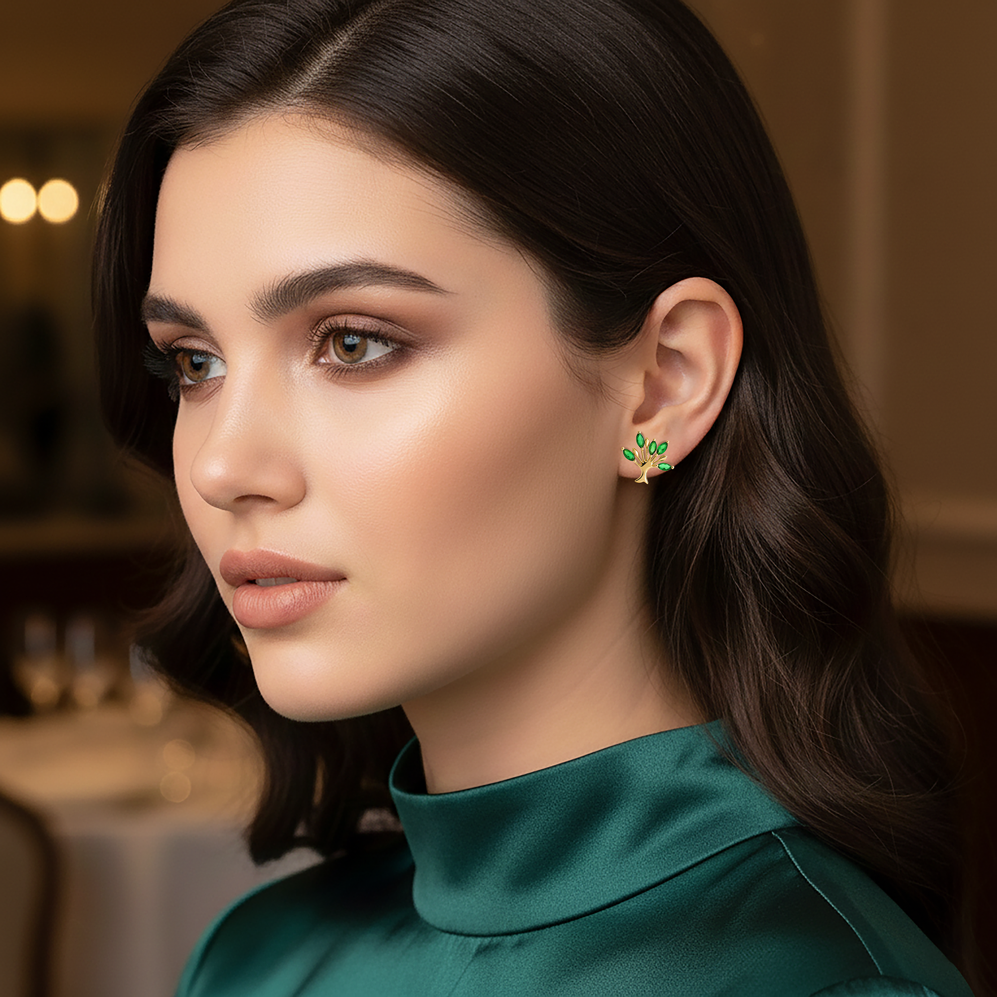 Boucles d’Oreilles Arbre de Vie – Plaqué Or & Pierres Zirconium Vert – Bijou Féminin Élégant