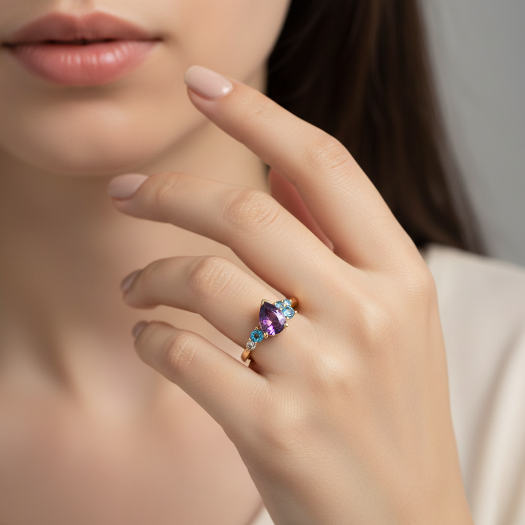 Bague plaqué or  – Zirconiums violet, bleu & blanc