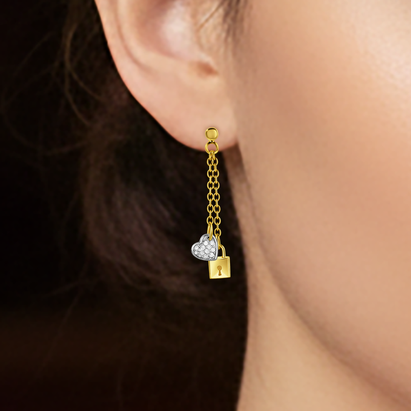 Boucles d’oreilles pendantes Cadenas & Cœur – Plaqué Or 18 Carats
