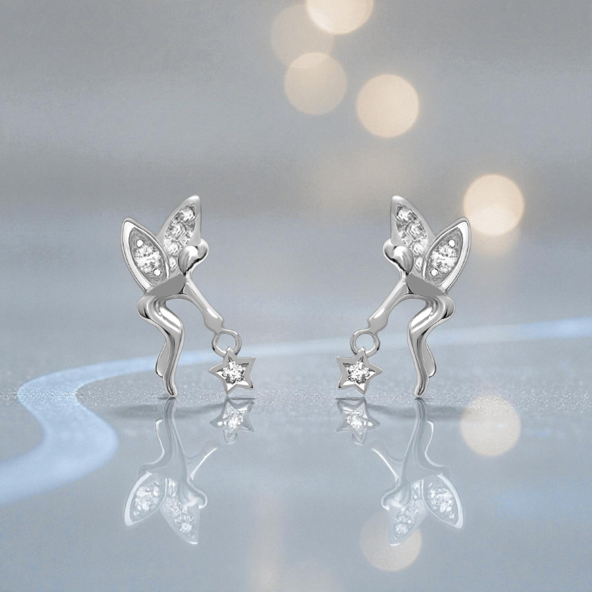 Boucles d’oreilles Fée & Étoile – Argent Rhodié & Zirconium Blanc | Brillance Féérique