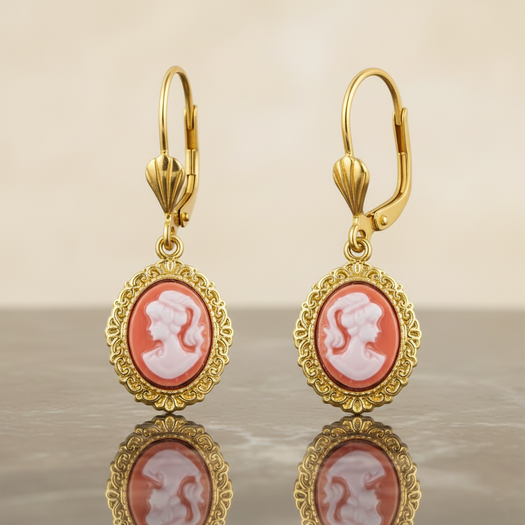 Boucles d’oreilles camée rouge vintage – Plaqué or – Dormeuses élégantes