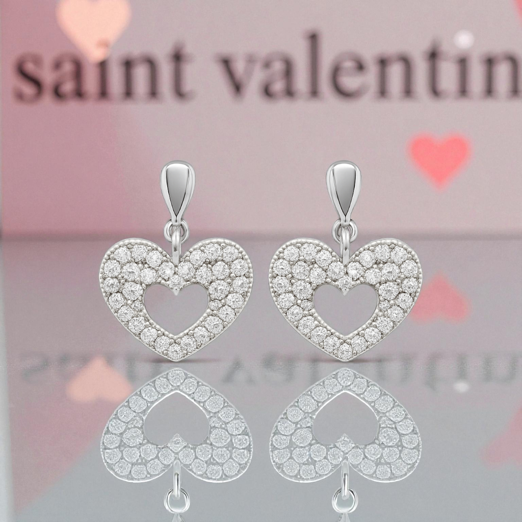 Boucles d’Oreilles Cœur en Argent Rhodié & Zirconium Blanc – Élégance Étincelante