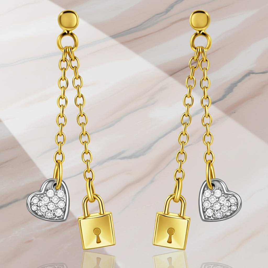 Boucles d’oreilles pendantes Cadenas & Cœur – Plaqué Or 18 Carats