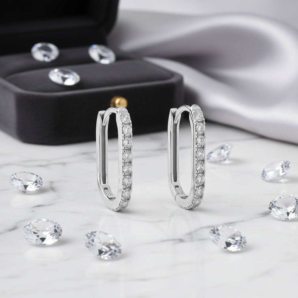 Boucles d’oreilles créoles rectangulaires en argent rhodié & zirconium blanc – Élégance intemporelle