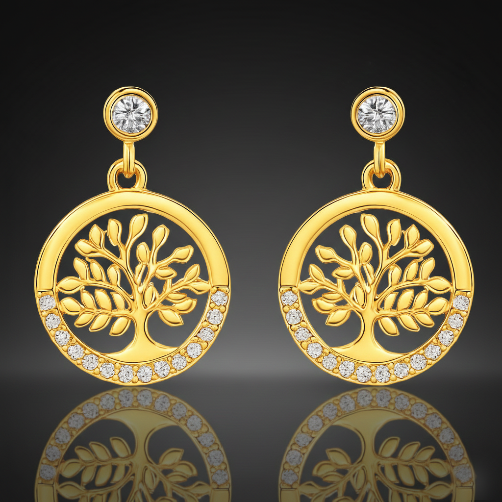 Boucles d’Oreilles Arbre de Vie – Plaqué Or & Zirconium – Bijou Symbolique et Étincelant
