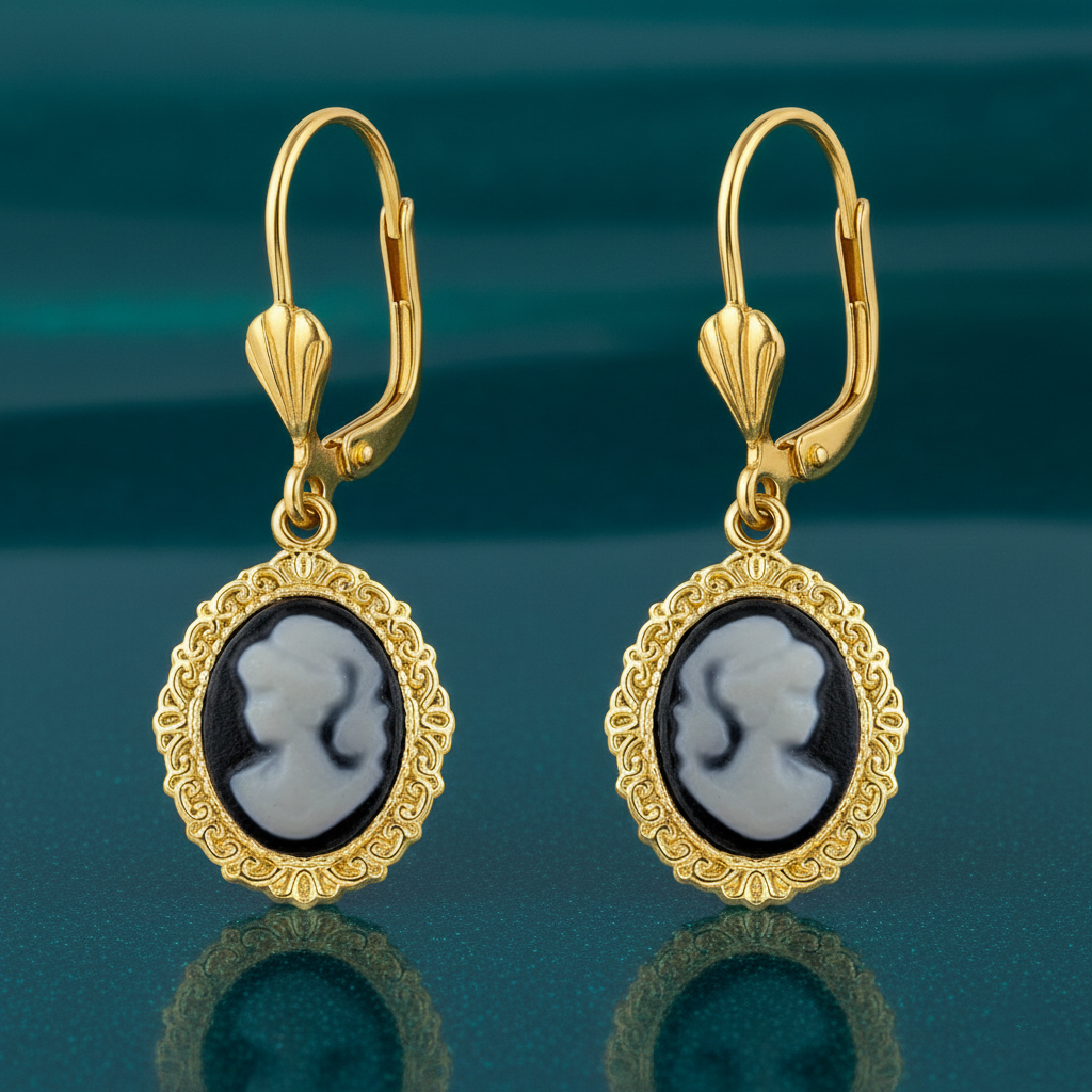 Boucles d’oreilles camée noir vintage – Plaqué or – Dormeuses élégantes