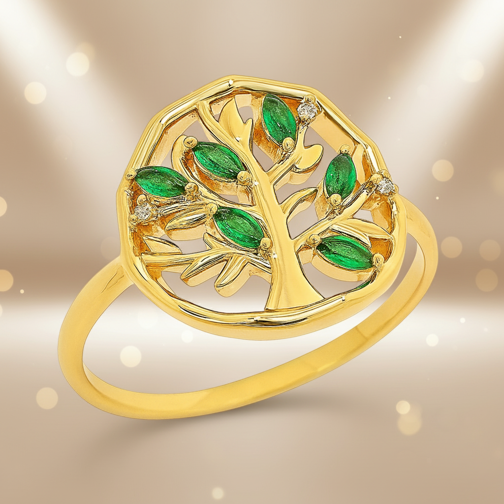 Bague Arbre de Vie – Plaqué Or & Zirconium Blanc et Vert