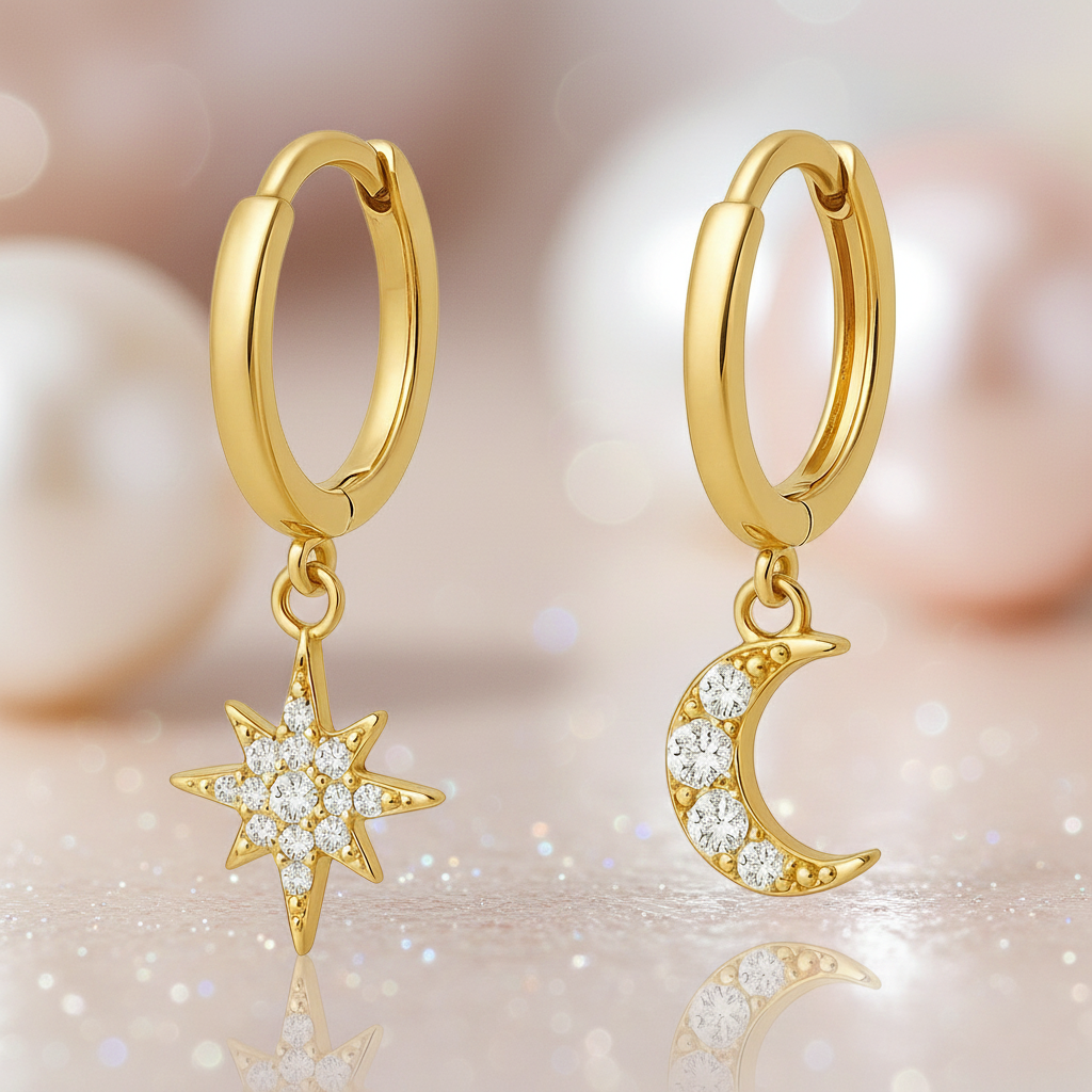 Boucles d’oreilles Soleil & Lune – Plaqué Or & Zirconium | Créoles Asymétriques