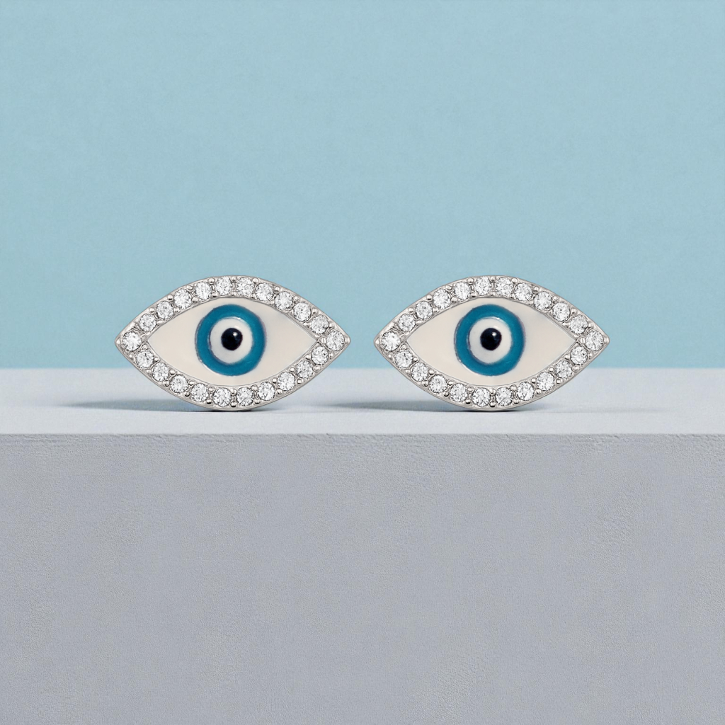 Boucles d’Oreilles Œil Protecteur en Argent Rhodié & Zirconium Blanc