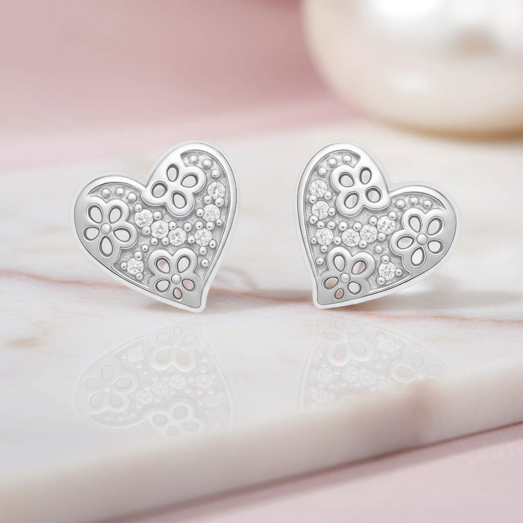 Boucles d’oreilles cœur en argent 925 rhodié et zirconiums