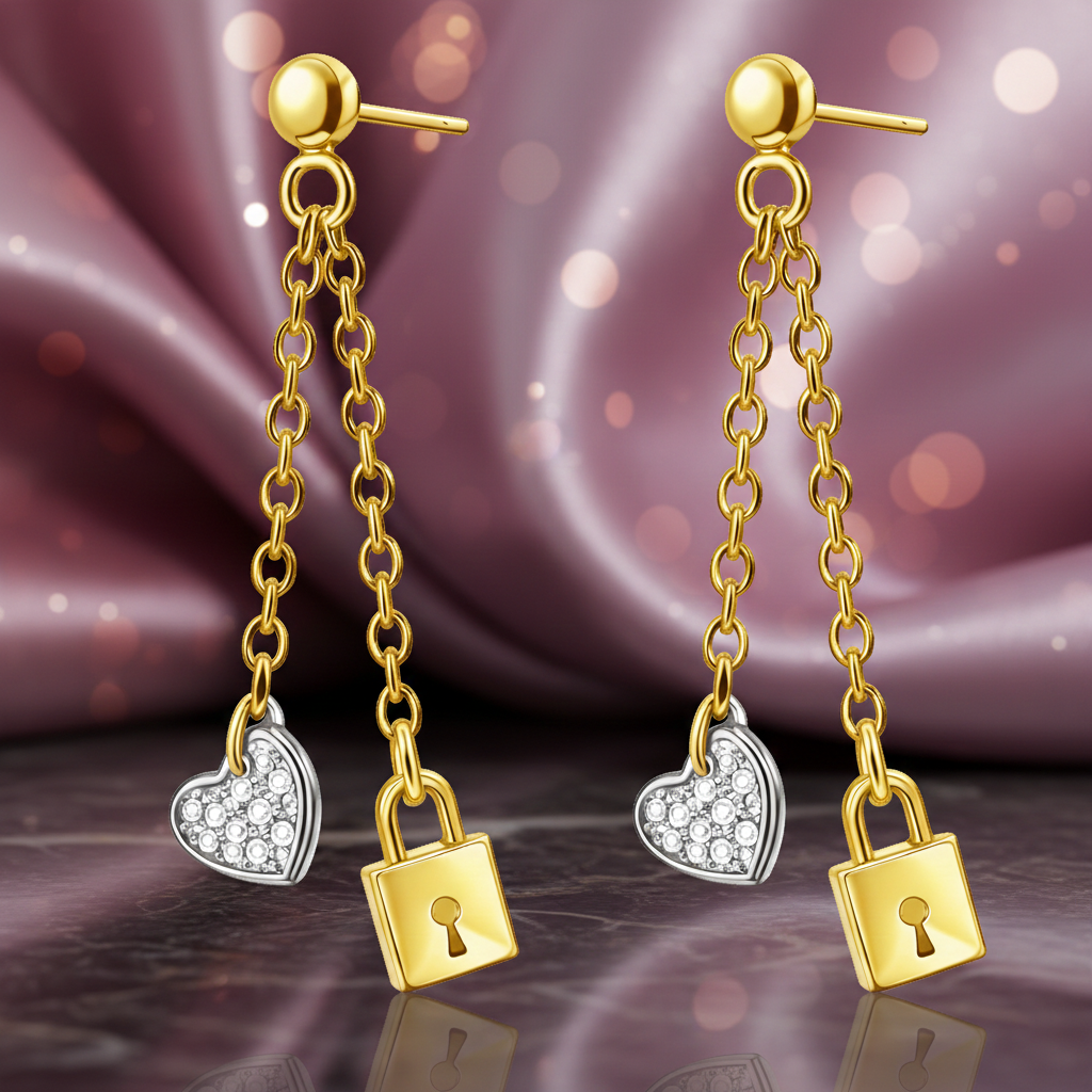 Boucles d’oreilles pendantes Cadenas & Cœur – Plaqué Or 18 Carats