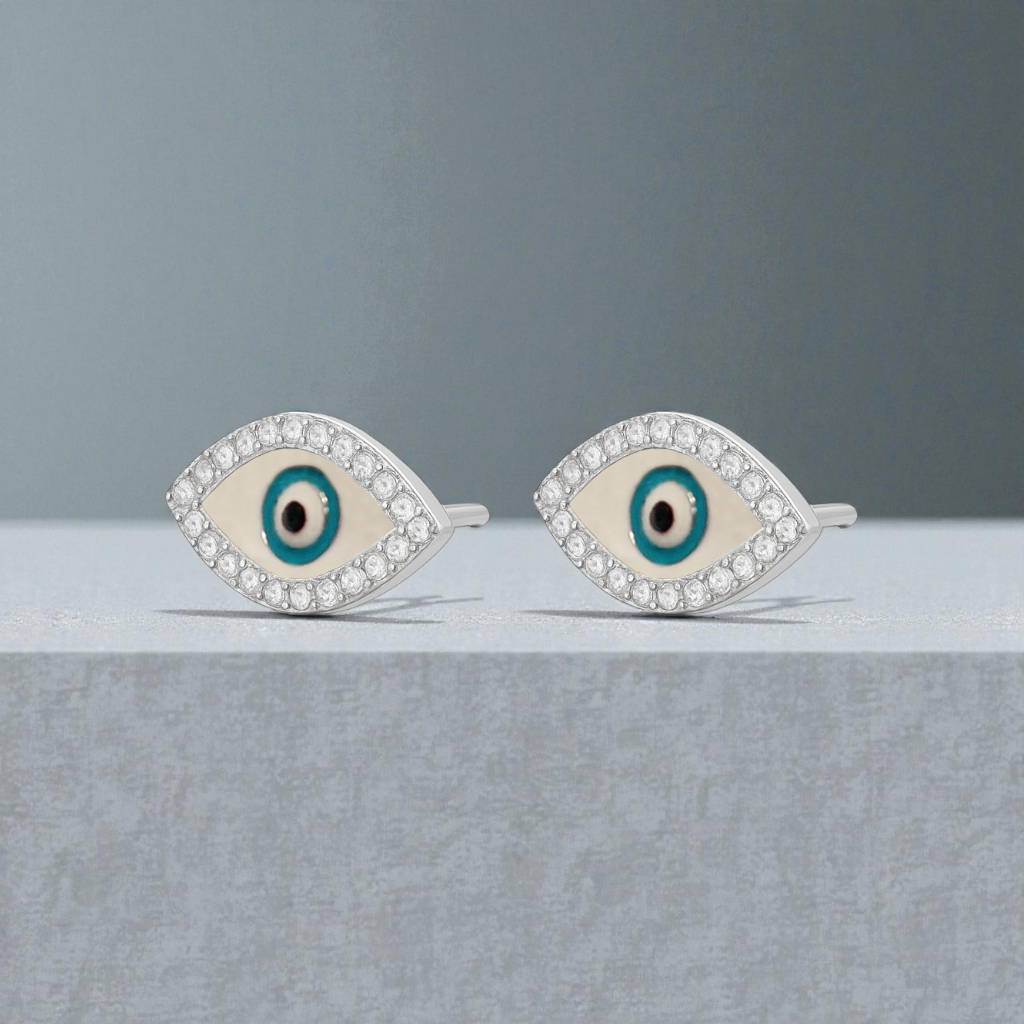 Boucles d’Oreilles Œil Protecteur en Argent Rhodié & Zirconium Blanc