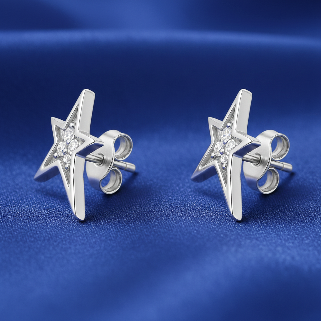 Boucles d’oreilles Étoile en Argent Rhodié & Zirconium Blanc