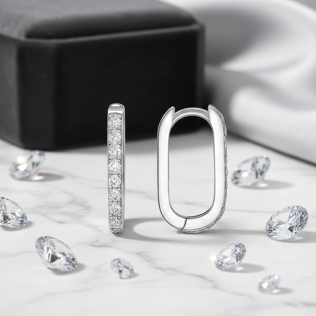 Boucles d’oreilles créoles rectangulaires en argent rhodié & zirconium blanc – Élégance intemporelle