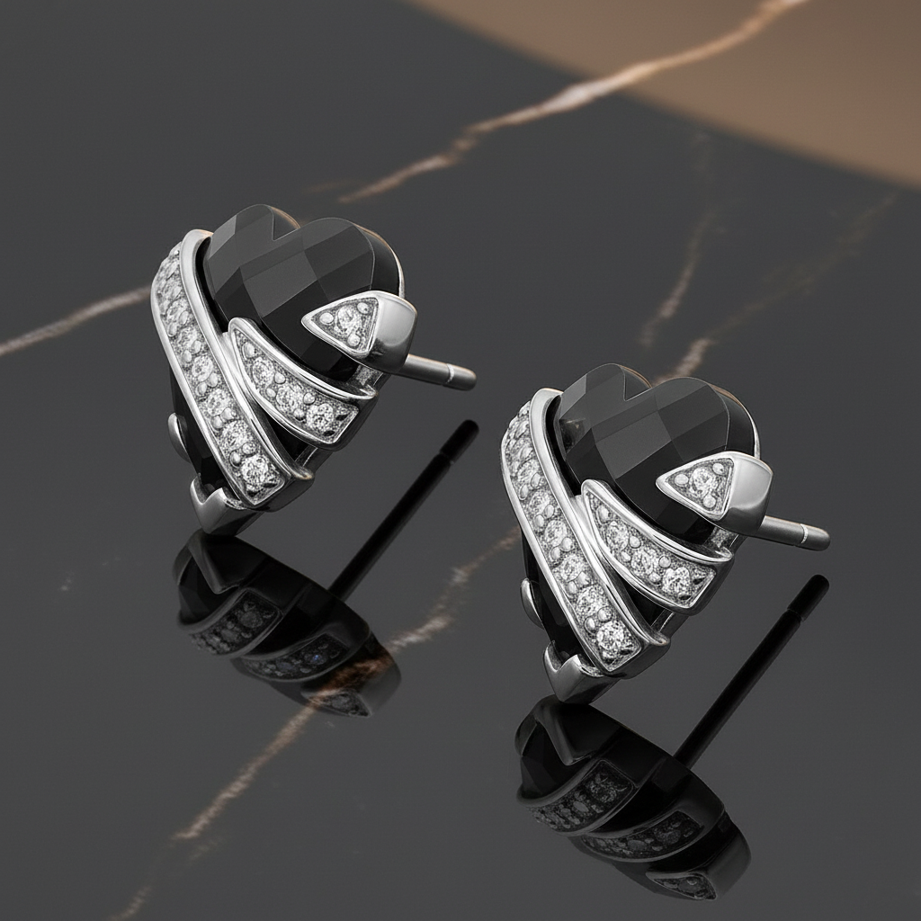 Boucles d’oreilles Cœur Onyx & Argent 925 Rhodié – Zirconiums Étincelants