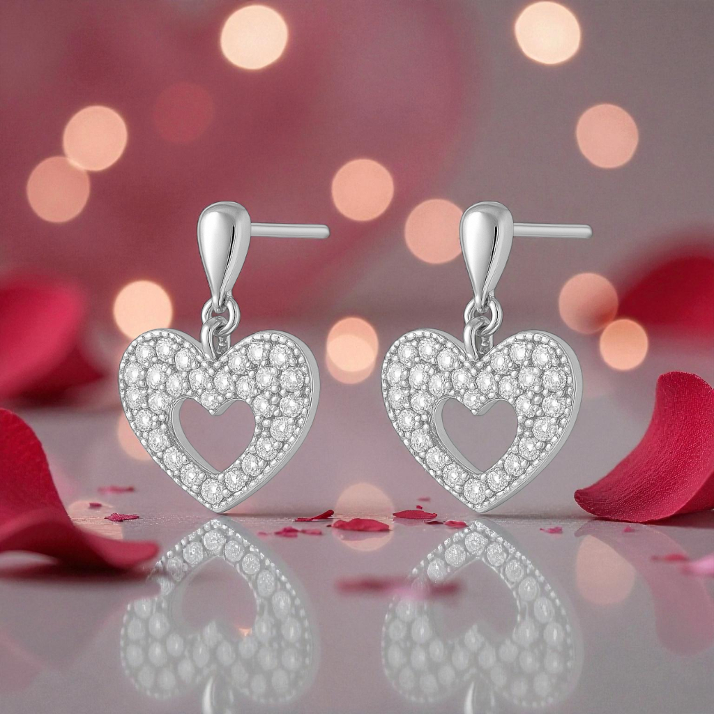 Boucles d’Oreilles Cœur en Argent Rhodié & Zirconium Blanc – Élégance Étincelante