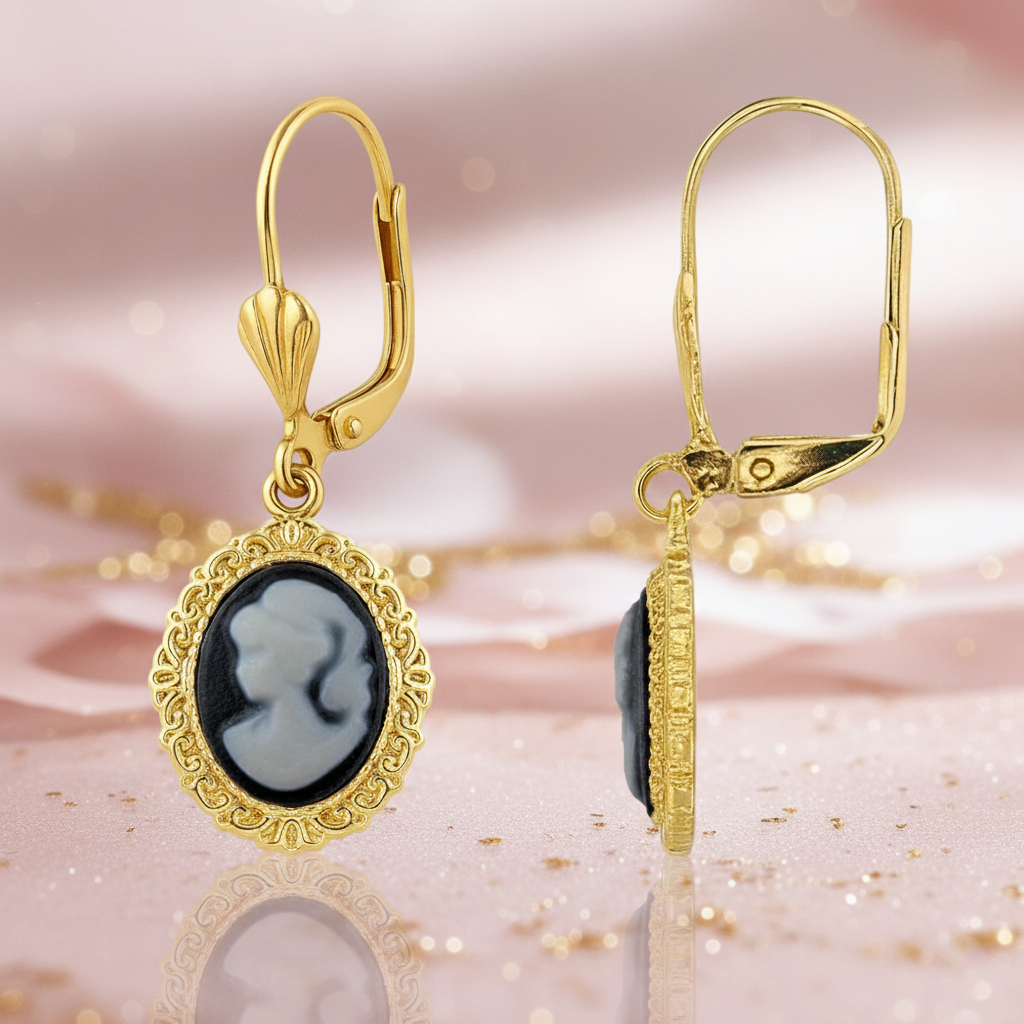 Boucles d’oreilles camée noir vintage – Plaqué or – Dormeuses élégantes