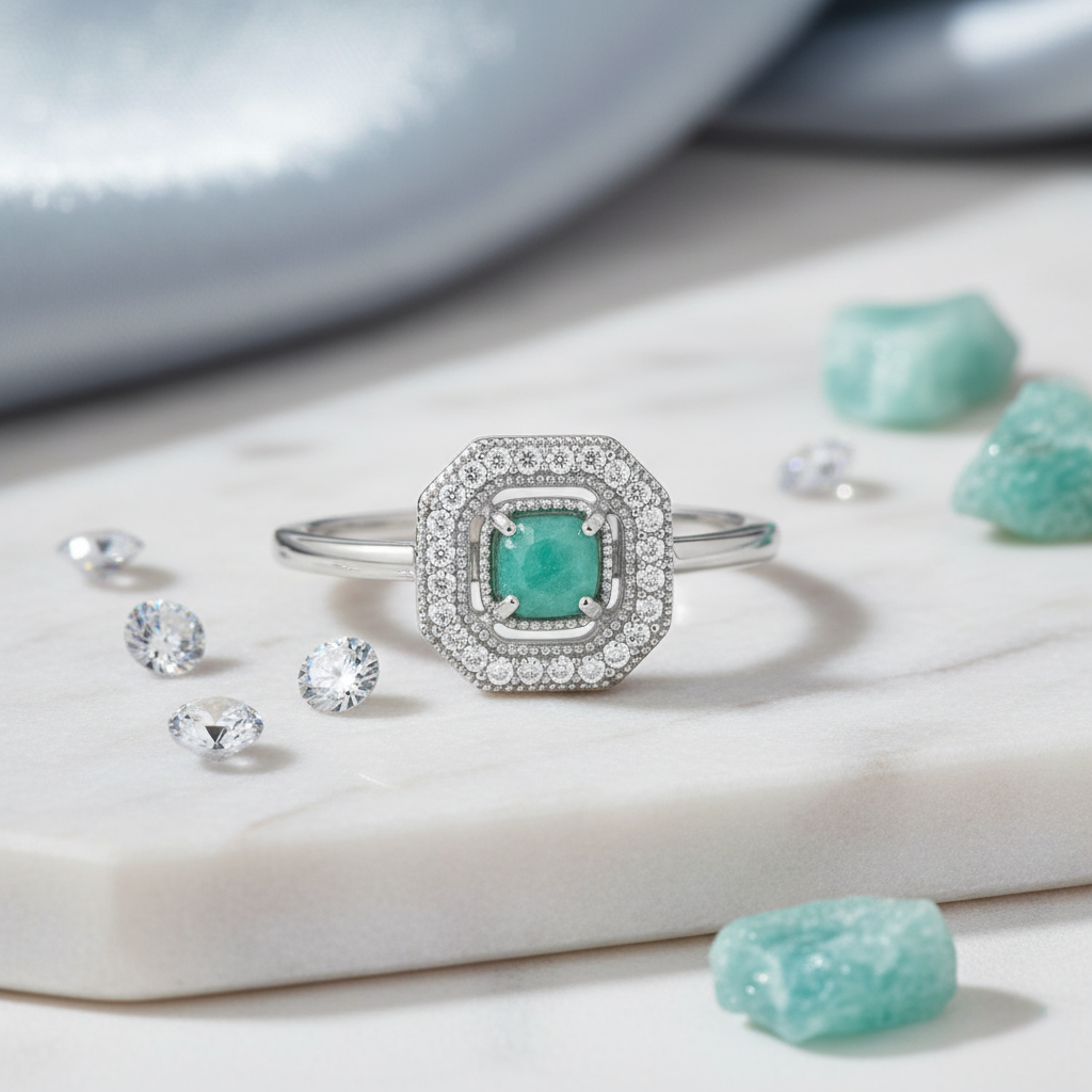 Bague en Argent 925 Rhodié avec Amazonite – Halo de Zirconium | Élégance & Protection