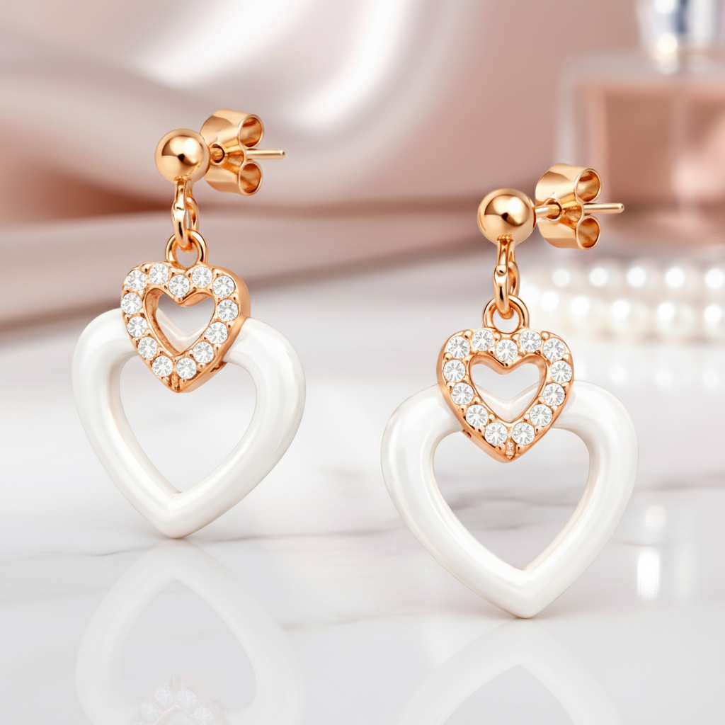Boucles d’oreilles Cœur Céramique & Zirconium – Plaqué Or Rosé