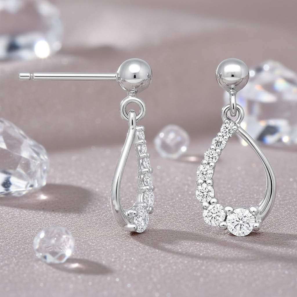 Boucles d’oreilles pendantes en argent rhodié & zirconium blanc – Élégance Goutte Cristalline