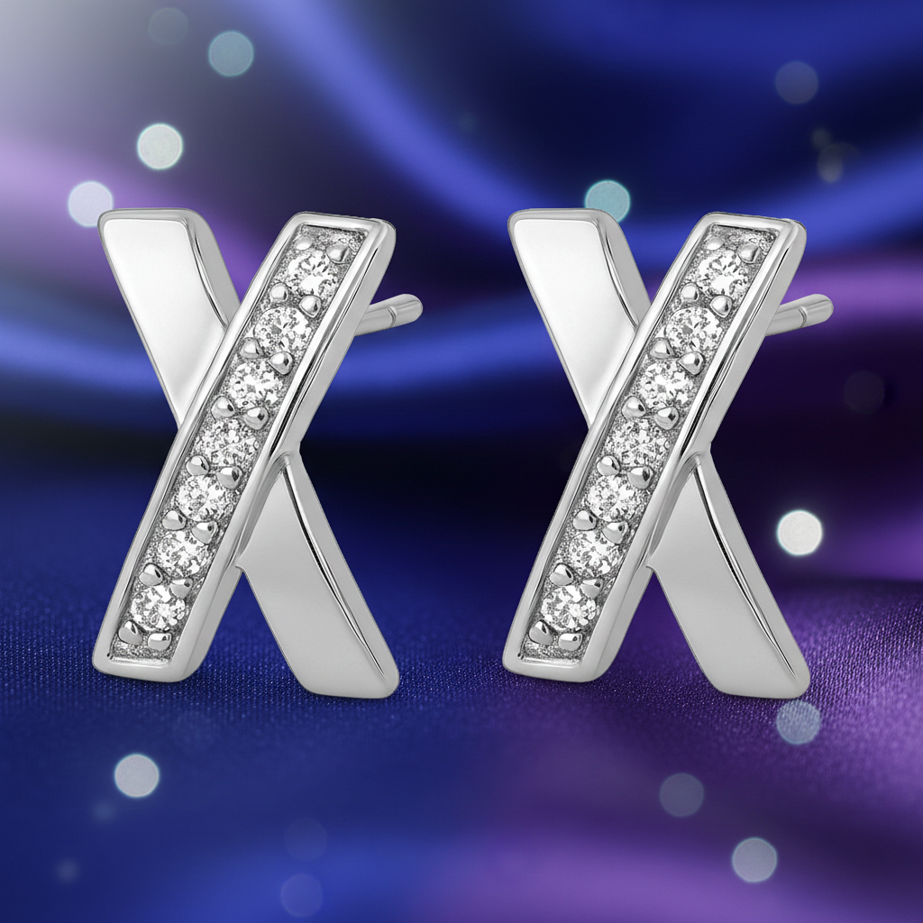 Boucles d’Oreilles Croix Stylisée en Argent Rhodié & Zirconium Blanc – Élégance Moderne