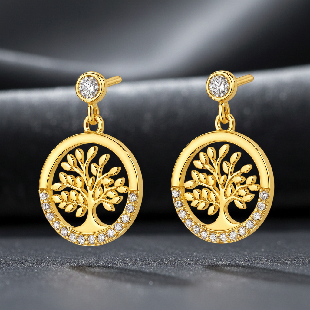 Boucles d’Oreilles Arbre de Vie – Plaqué Or & Zirconium – Bijou Symbolique et Étincelant